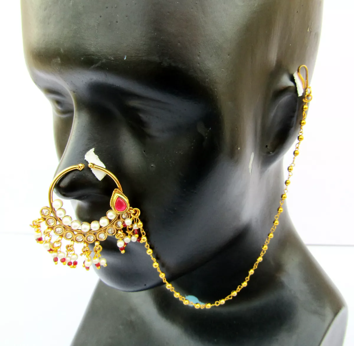 Traditional Nath (Pierced), Maroon Stone Nathni Nose Ring-Hayagi