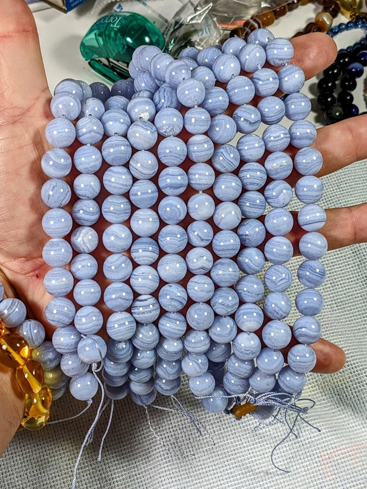 Pulsera de cuentas de calcedonia de encaje azul para HOMBRE 12mm 7, 7.5, 8 u 8.5" pulgadas Foto 2 de 4