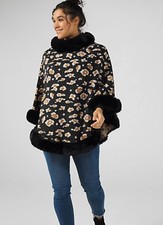 Frank Usher Animal Knitted Poncho With Faux Fur Trim. Black. One Size Rrp £45
