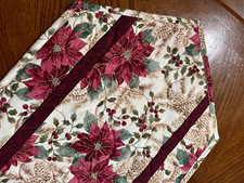 Handcrafted-Quilted Table Runner-Christmas Surprises-Gold Pinecones, Poinsettias