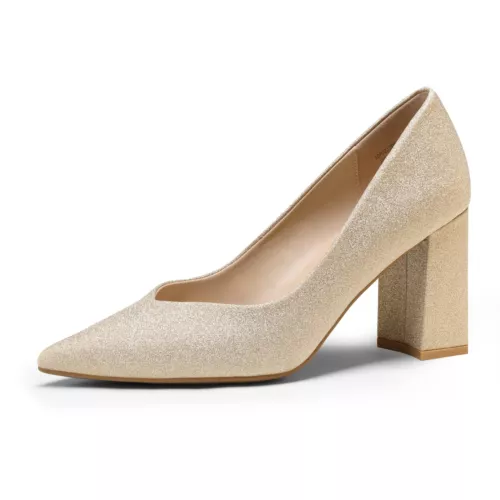 Women Pump Shoes Chunky High Block Heel Pointed Toe Wedding Party Slip On Dress - Picture 9 of 23