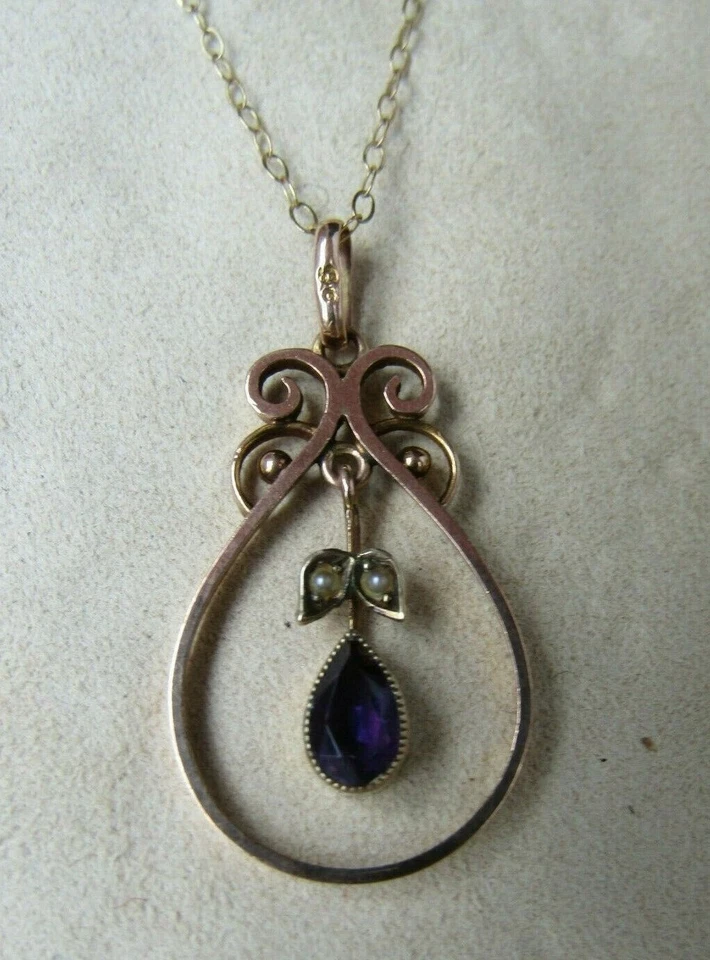Antique Victorian 9ct.Rose Gold Seed Pearls Amethyst Pendant Necklace. - Image 4 of 4