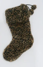 New Faux Fur Leopard  Print Christmas Stocking with Pom Pom  18”