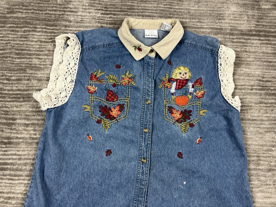 Bobbie Brooks Top Womens XL Blue Denim Scarecrow Autumn Short Sleeve Button Up - Image 2 of 4