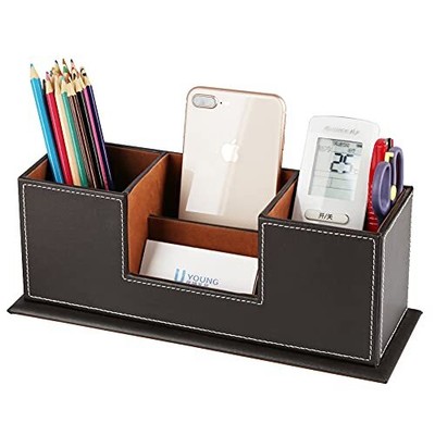  Double Holder Wood Leather Multi-Function Desk Stationery Organizer Brown-l
