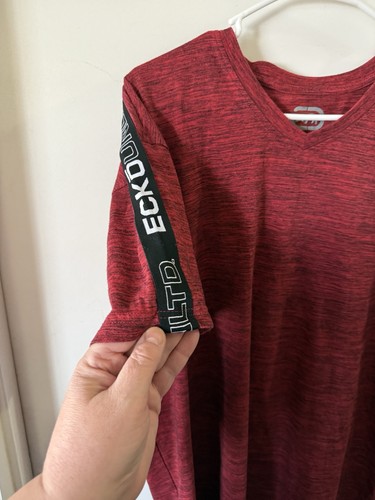 Ecko Unltd Men's V-neck T-Shirt Red Marbled Size 2X Logo On Shoulder Down Arms - Picture 4 of 7