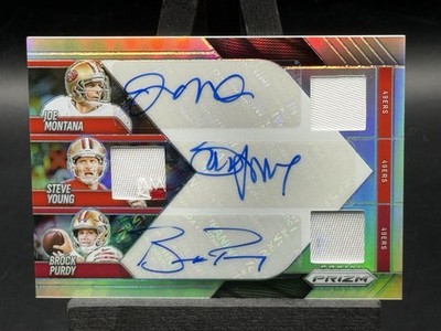 2025 Prizm Triple Patch Auto Joe Montana Steve Young Brock Purdy /99 49ers