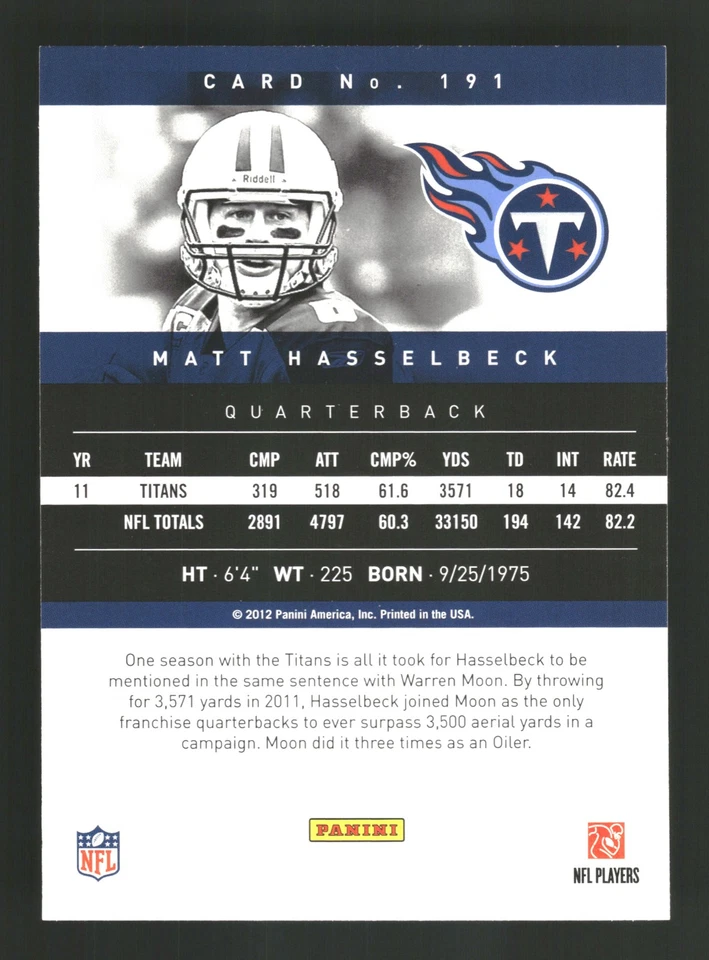Matt Hasselbeck 2012 Panini Prestige #191 Extra Points Gold Tennessee Titans - Image 2 of 2
