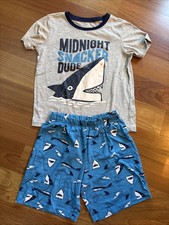 Carter's Pajama Set Boys Size 8 Shark Blue Short Sleeve  Shorts Midnight Snack