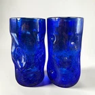 Blenko Cobalt Blue Crackle Glass Pinched Dimple Tumblers Set of 2 Hand Blown 6"