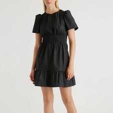 Quince 100% Organic Cotton Poplin Tiered Mini Dress in Black Smocked - Medium