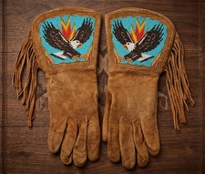 Native-American Suede Fringe Gloves  Eagle Beaded Western Regalia Gauntlet