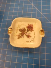 Vintage Floral Ashtray Small Square Ceramic Rose Flower Gold Accent Decor