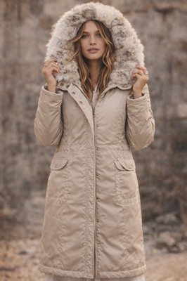 The Day Girls Sz S Rabbit Fur Hooded Parka Zip Lined Champagne EUC Scandi Girl