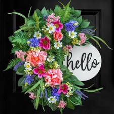 24 Inch Spring Wreath for Front Door with Wooden Welcome Sign, Artificial Peo...