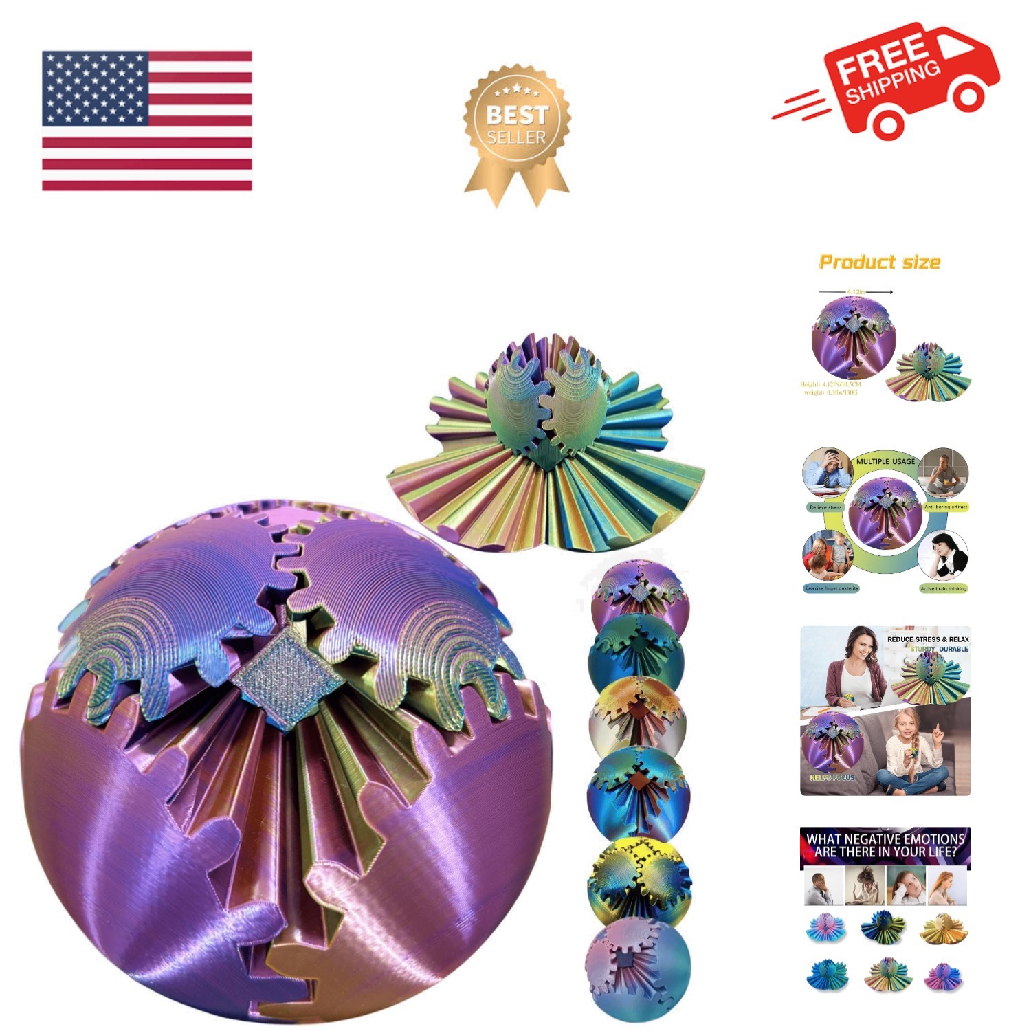 Gear Ball 3D Printed Spin Ball Cube Fidget Toys, Gear Sphere