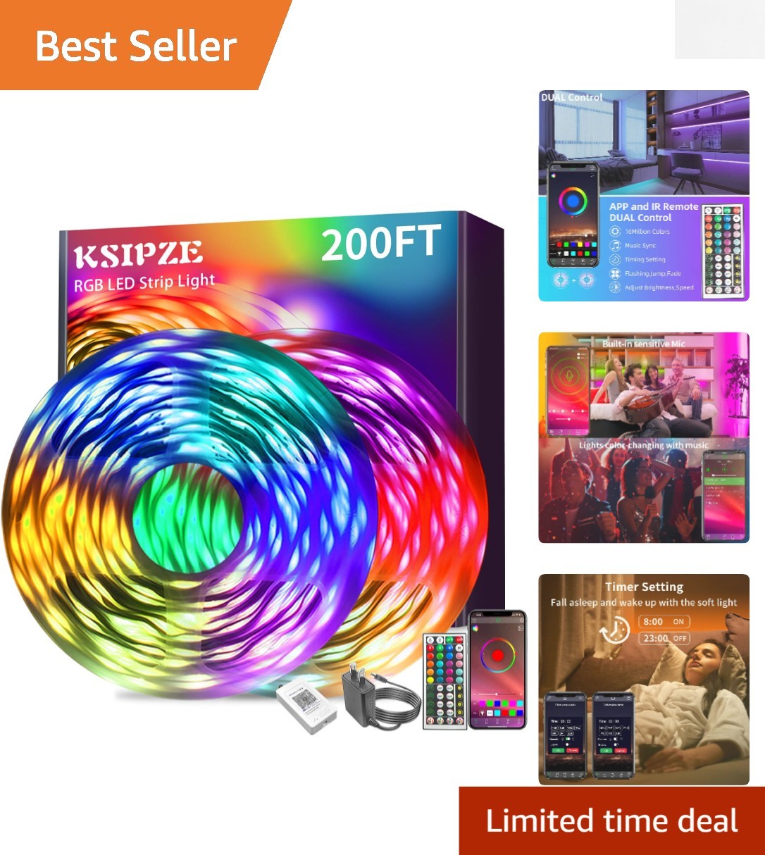 200ft Smart Bluetooth RGB LED Strip Lights - Color Changing App Control & Timer