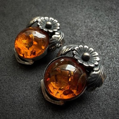 Vintage Designer Ohrringe Ohrclips N E From Denmark Bernstein floral