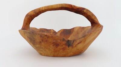 Hand Carved Crafted Burl Wood Tree Root Bowl Basket With Handle Rustic 12'' Wide