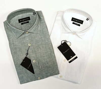 Bugatti Men's Linen Shirt 9150 78900C 550 Aqua Marina 10 White