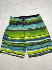Oneill Shorts Mens Tagged 36 Green Blue Black Striped Pattern Pockets Drawstring