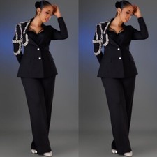 2 Pcs Women Suits Black Rhinestone Fashion Party Wedding Plus Size Ladies Blazer