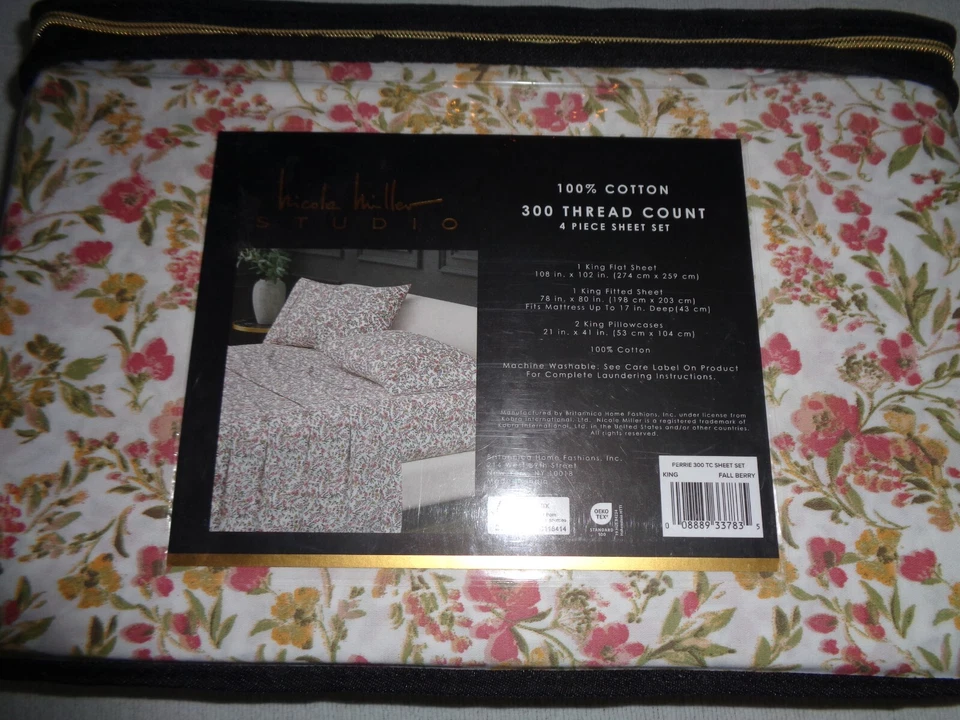 Nicole Miller Studio PERRIE KING Deep sheet set - FALL BERRY floral 300TC - Image 4 of 4