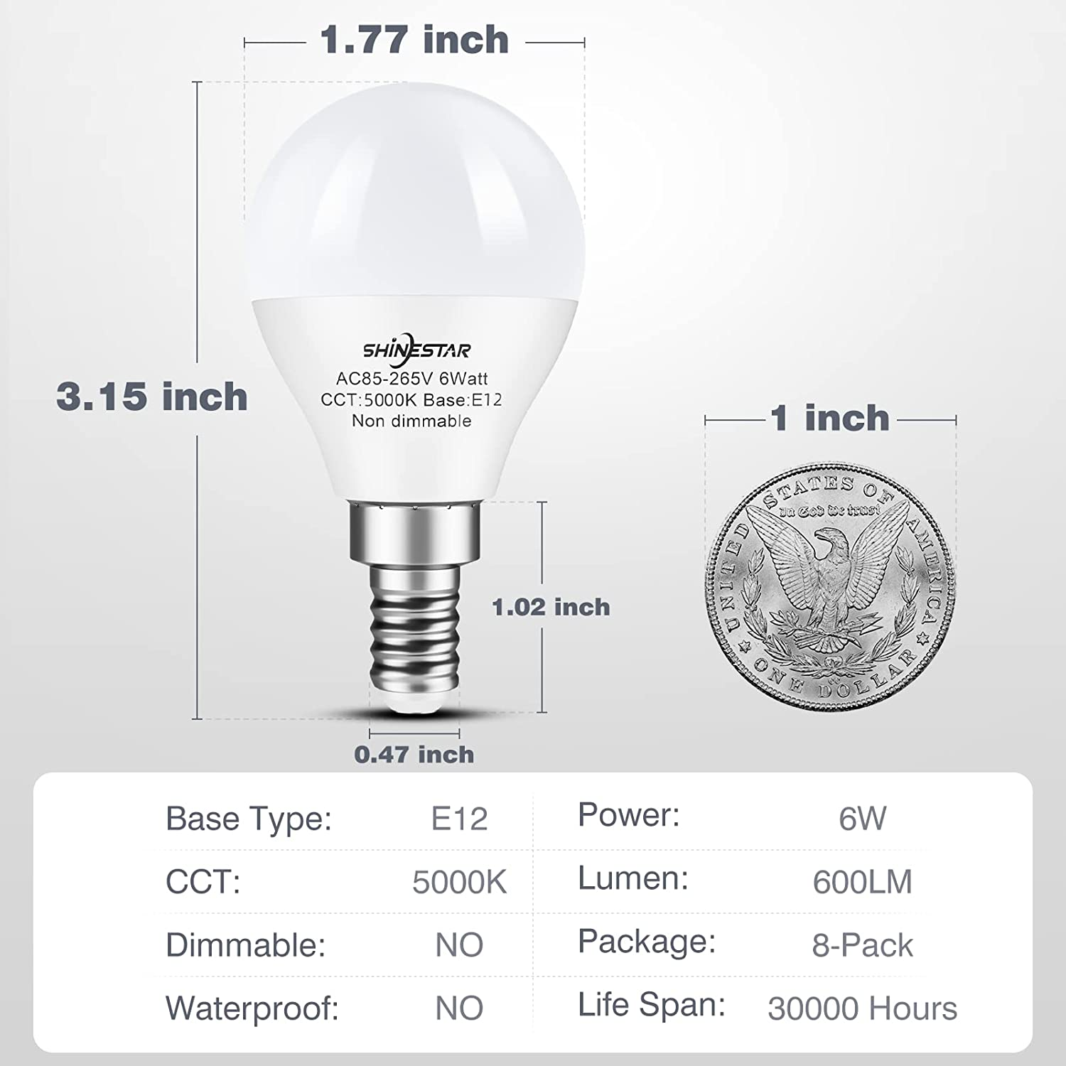 8Pack E12 LED Ceiling Fan Light Bulbs 5000K Daylight, Small Candelabra