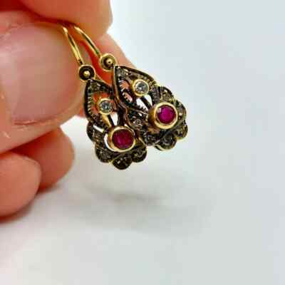 Vintage Round Cut Ruby & Diamonds Earrings 925 Silver 14K Yellow Gold Plated