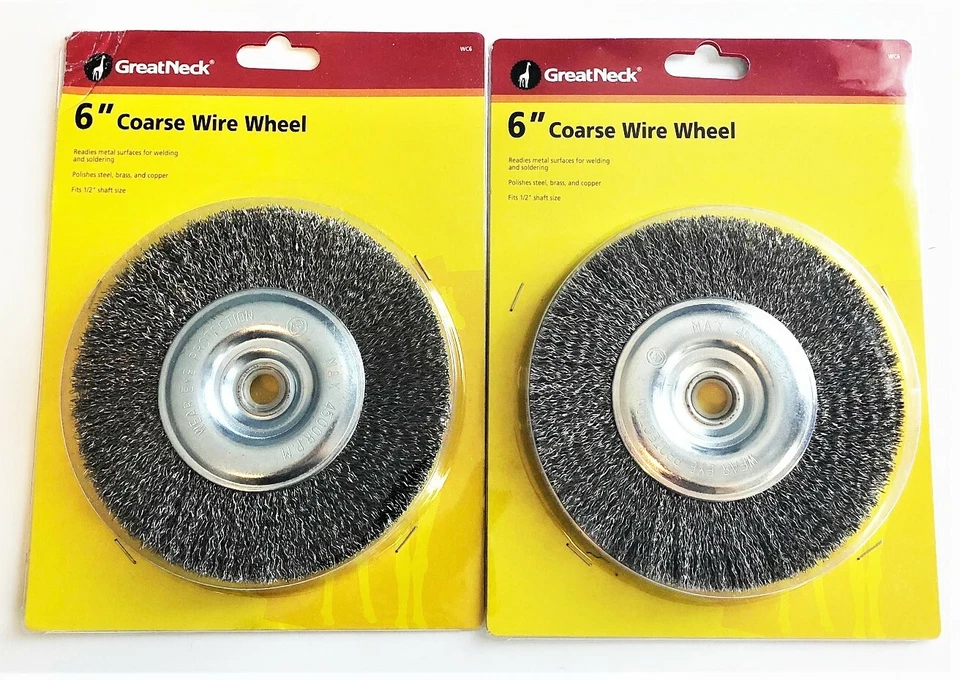 2 GREAT NECK 6" COARSE STEEL WIRE WHEEL BRUSHES FOR BENCH GRINDER 5/8 1/2 ARBOR - Image 3 of 3