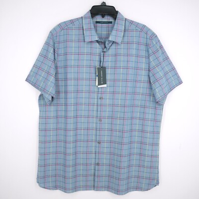 Perry Ellis Men's Short-Sleeve Shirt XL Blue Pink Purple Yellow Check NWT 