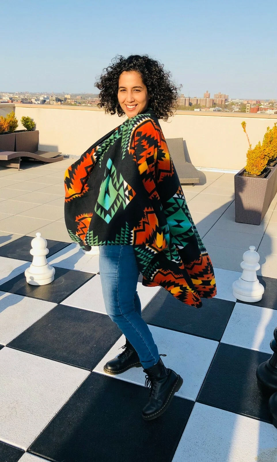 ZooFleece Black Southwestern Tribal Aztec Indian American Women’s Poncho Cape