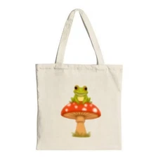 Natural-Themed canvas tote bag featuring a whimsical green frog atop a vibrant