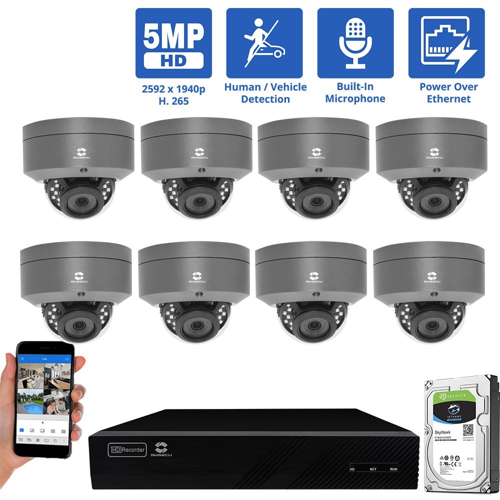 8채널 NVR 보안 카메라 시스템 (5MP AI IP 돔 카메라 8대, 내장 마이크 포함)