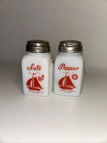 Vintage Mckee Salt And Pepper, Milk Glass, Red Boat Nautical With Lids
