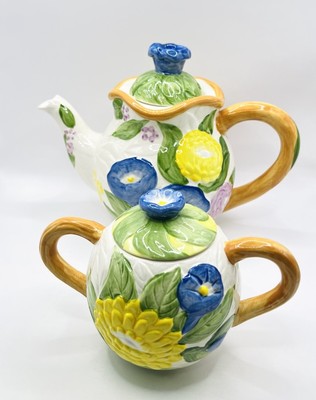 Strata Group 3D Pottery Set 2 Pcs Floral Teapot & Sugar Pot Tea Pot Hand Painted