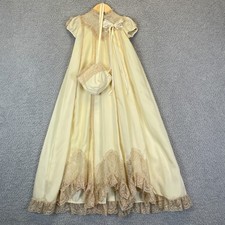 Vintage Baby Tea Stained Pale Yellow Christening Gown Cap Bows Lace Embroidery