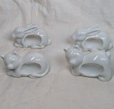 Vtg Ceramic White Animal Figural Napkin Rings Rabbit Dog Cat Bear In Box Japan