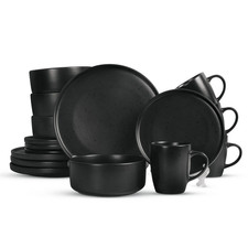Image of Geepas 16 Piece Charcoal Black Stoneware Dinner Set Plates Bowls Kitchen Table