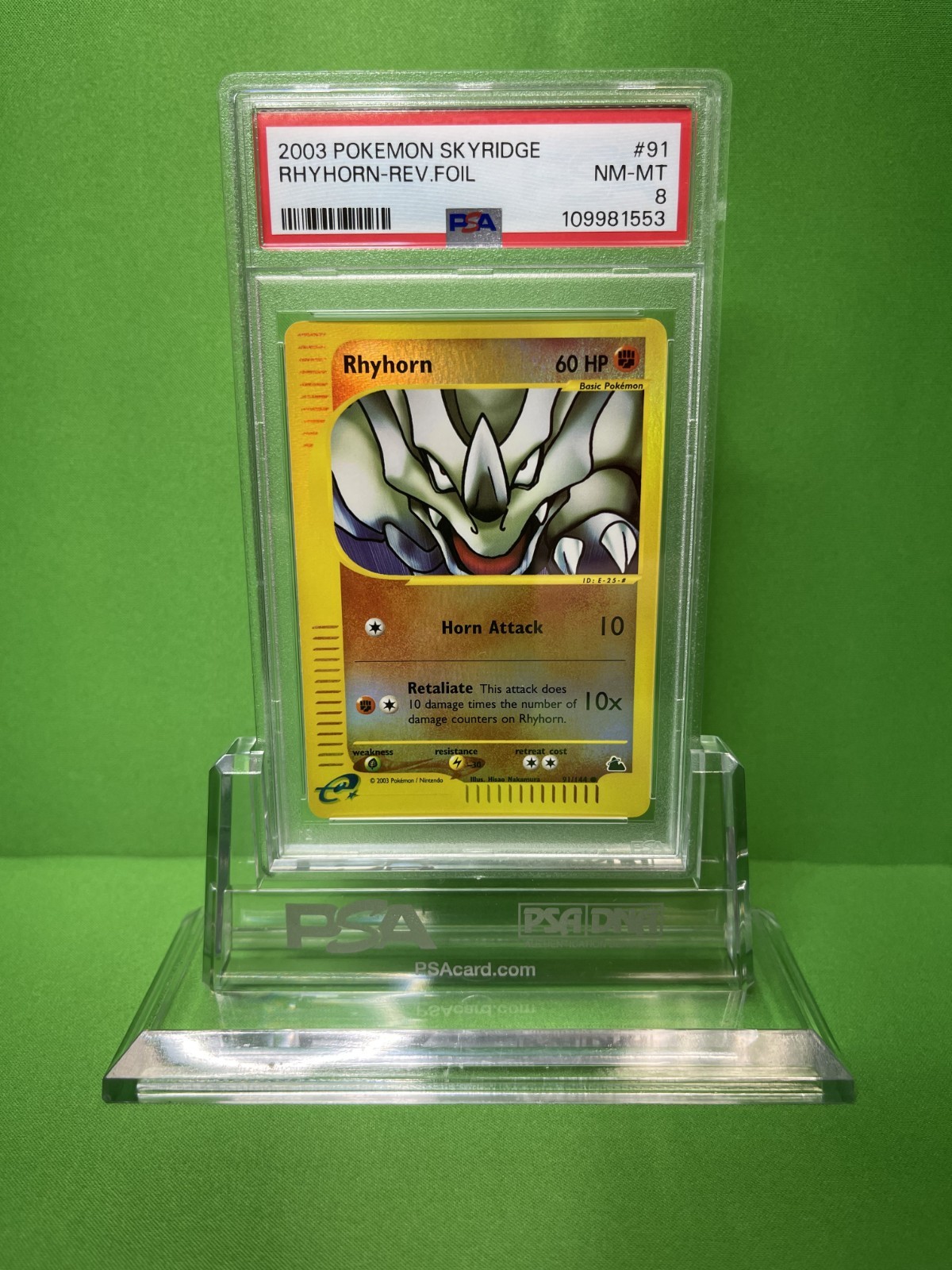 2003 POKEMON SKYRIDGE 91 RHYHORN-REVERSE FOIL PSA 8