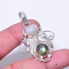 Labradorite, Moonstone -Sri Lanka 925 Plated Silver Pendant 1.87" P20