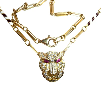 Kette Panther Katze Anhänger 750 Gold Brillanten+Rubine 41,5 mm lang 16,2g Italy - Bild 1 von 4
