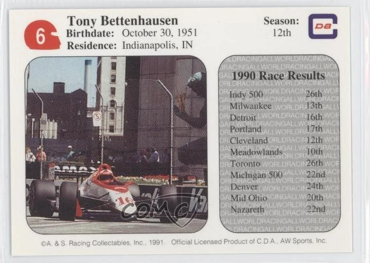 1991 All World PPG Indy Car World Series Tony Bettenhausen #6 HOF - Image 2 of 2
