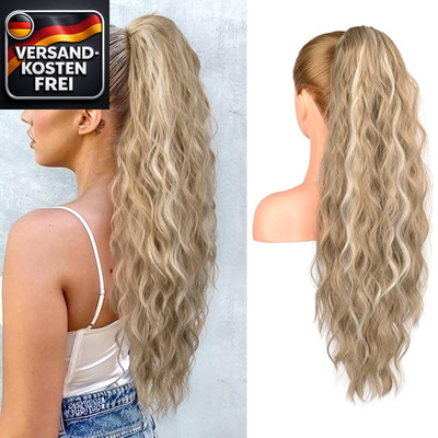 Ponytail Extension 66 cm lang gewellt für Frauen mit Zugband & Clips, Aschblond