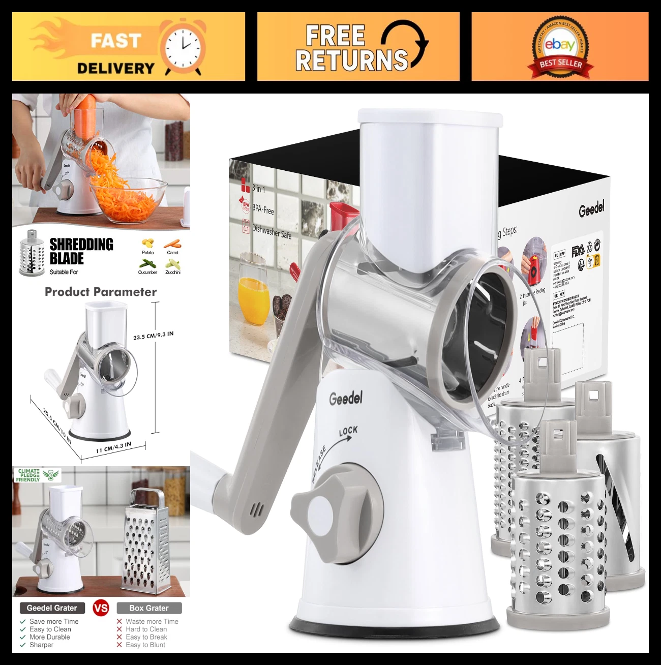 Rotary Cheese Grater & Vegetable Slicer - 3 Blades, Easy Clean Mandoline for Fru