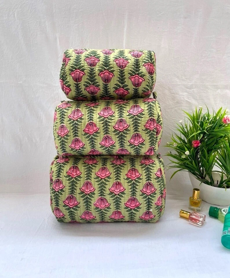 Indian Green Floral Print Toiletry Bag Unisex Makeup Bags Waterproof 3 Pcs. Sets