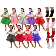 CHILD POLKA DOT SKIRT SCARF & BOBBY SOCKS ROCK N ROLL 1950'S FANCY DRESS COSTUME