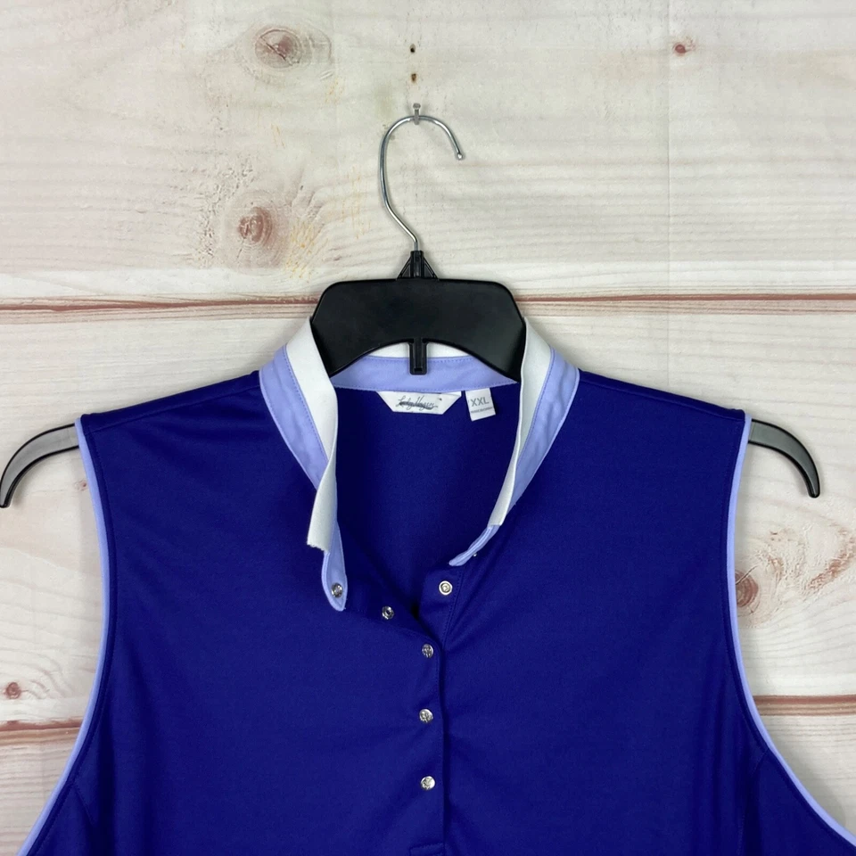 Polo de golf sin mangas púrpura XXL de punto liso con cuello a presión de 1/4 para dama Hagen Top para mujer Foto 2 de 4