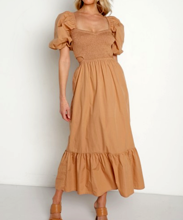 white christmas dresses The Bahamas Cutout Smocked Maxi Dress- Green Brown Border Print – Miss  Monroe Boutique main image 0