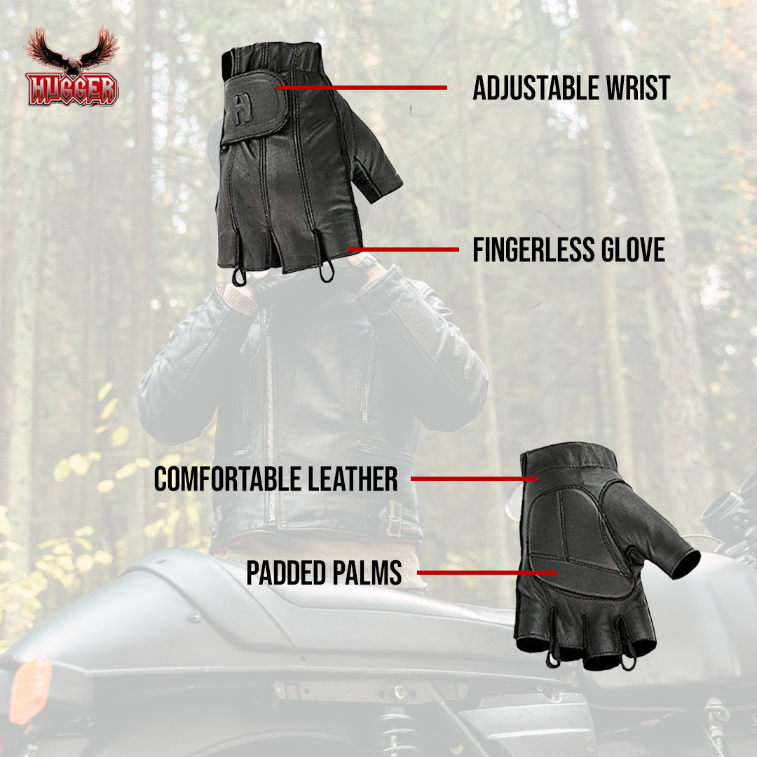 Hugger Mens Fingerless Motorcycle Summer Bike Riding Gloves Gel Padded Soft Palm
